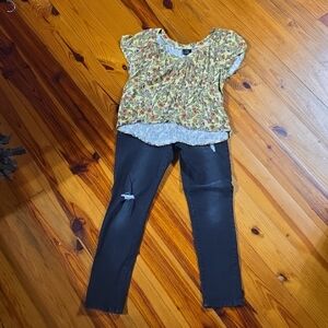 Oak And Trellis Yellow Floral Blouse With Black Distressed Jeans By Royalty